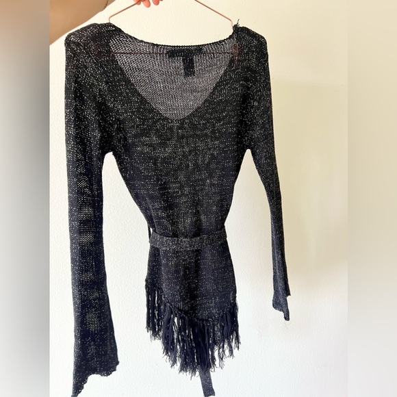 Rampage black sparkly long sleeve belted sheer knit top with fringe M - Picture 5 of 11